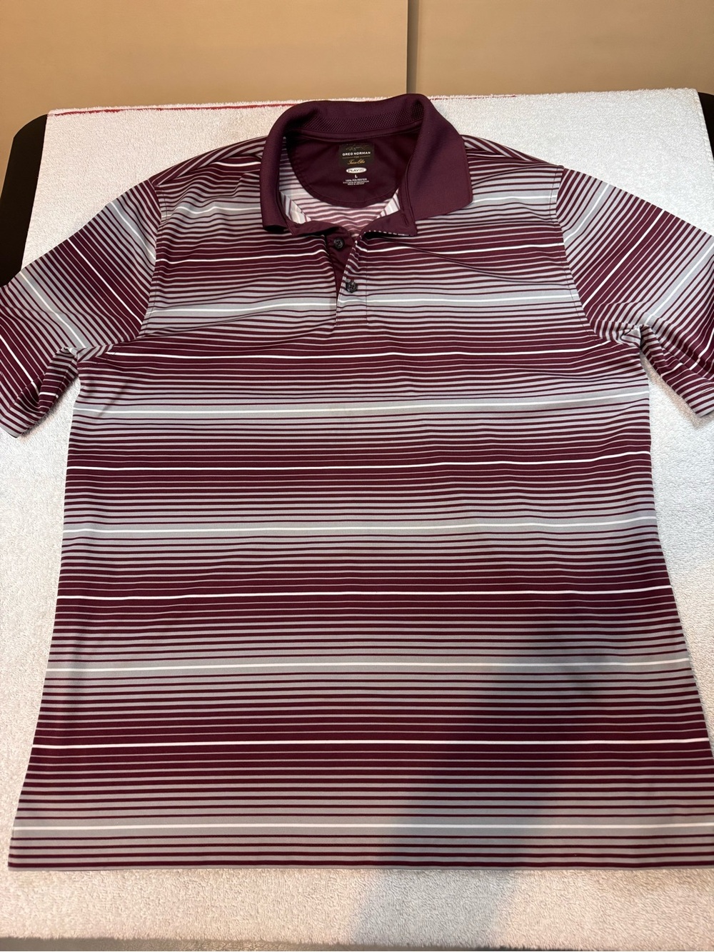 Men’s Greg Norman Tasso Elba Maroon and White Striped Golf Polo Shirt